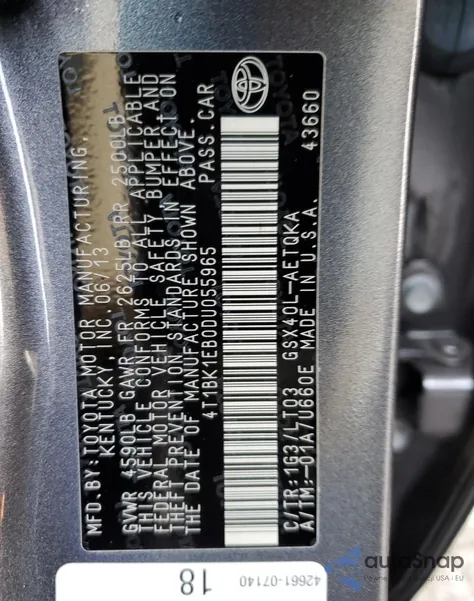 2013 Toyota Avalon Base из США, поврежденный, VIN 4T1BK1EB0DU055965